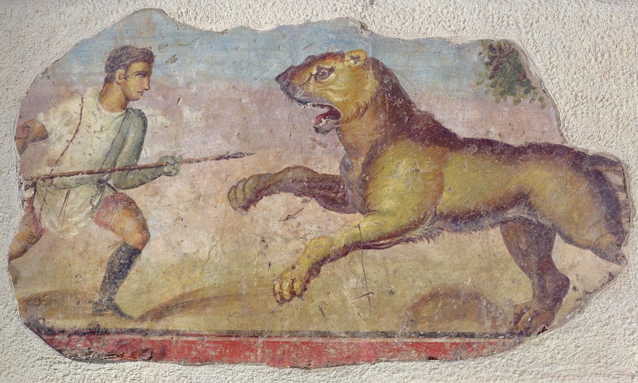 Een Gladiator die vecht met een Leeuw, uit het Merida Amfitheater door Roman