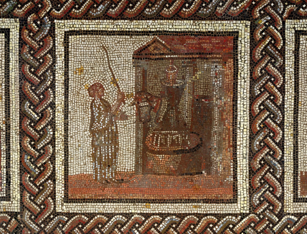 Een molensteen aangedreven door een ezel, van Saint-Romain-en-Gal (mozaïek) door Roman