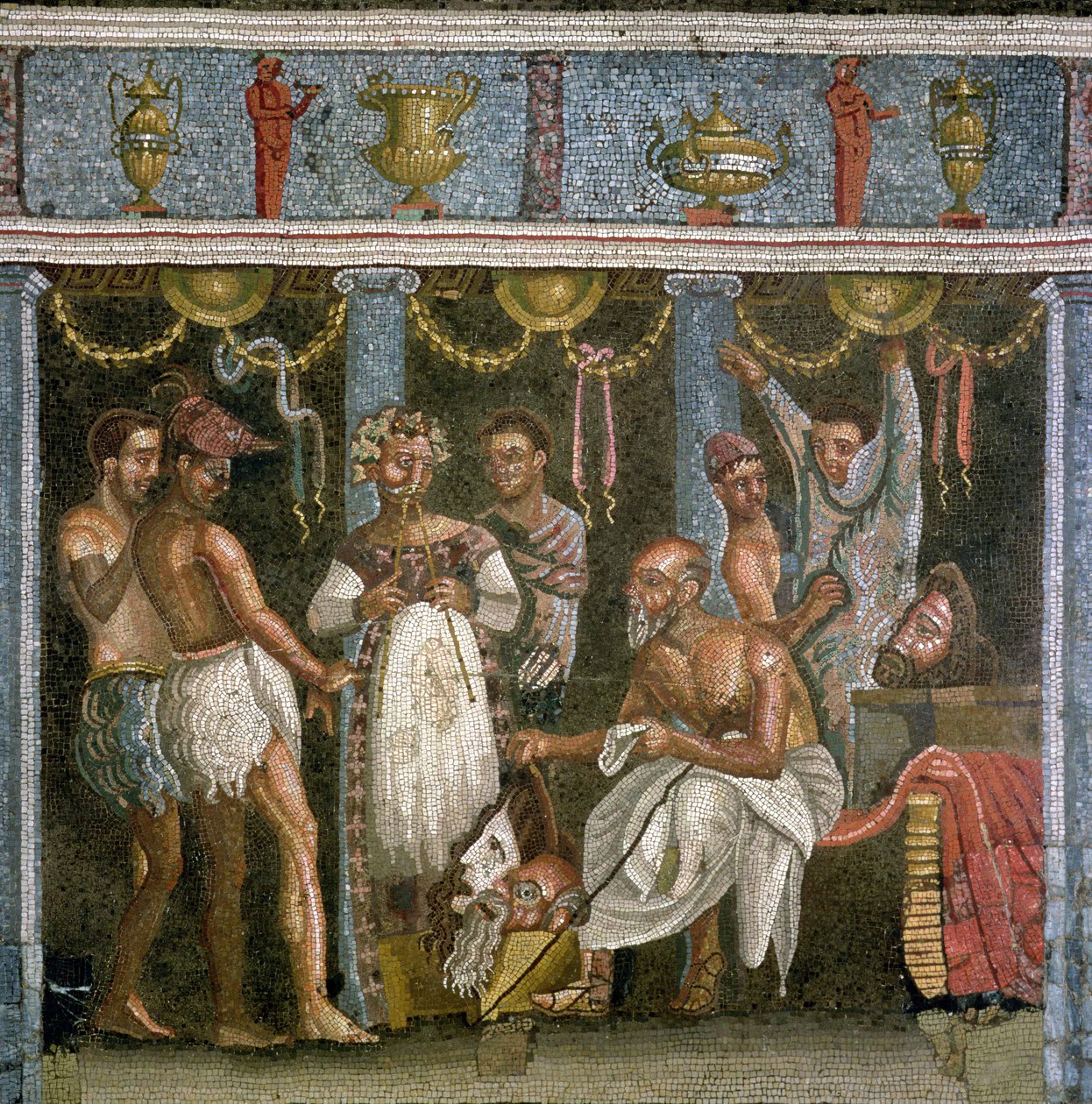 Acteurs repeteren voor een saterspel, ca. 62-79 AD (mozaïek) door Roman