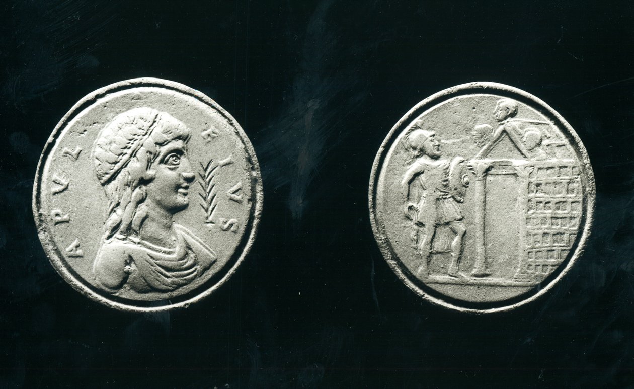 Contorniate die Apuleius (c.124-na 170 AD) en keerzijde die een soldaat voor een tempel voorstelt, 4e-5e eeuw door Roman