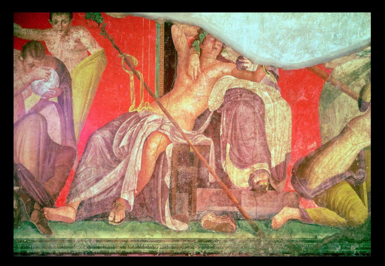 Dionysische Entourage met Dionysus die in de schoot van een vrouw ligt (mogelijk Ariadne, Aphrodite of Semele), Oostmuur, Oecus 5, 60-50 v.Chr. door Roman
