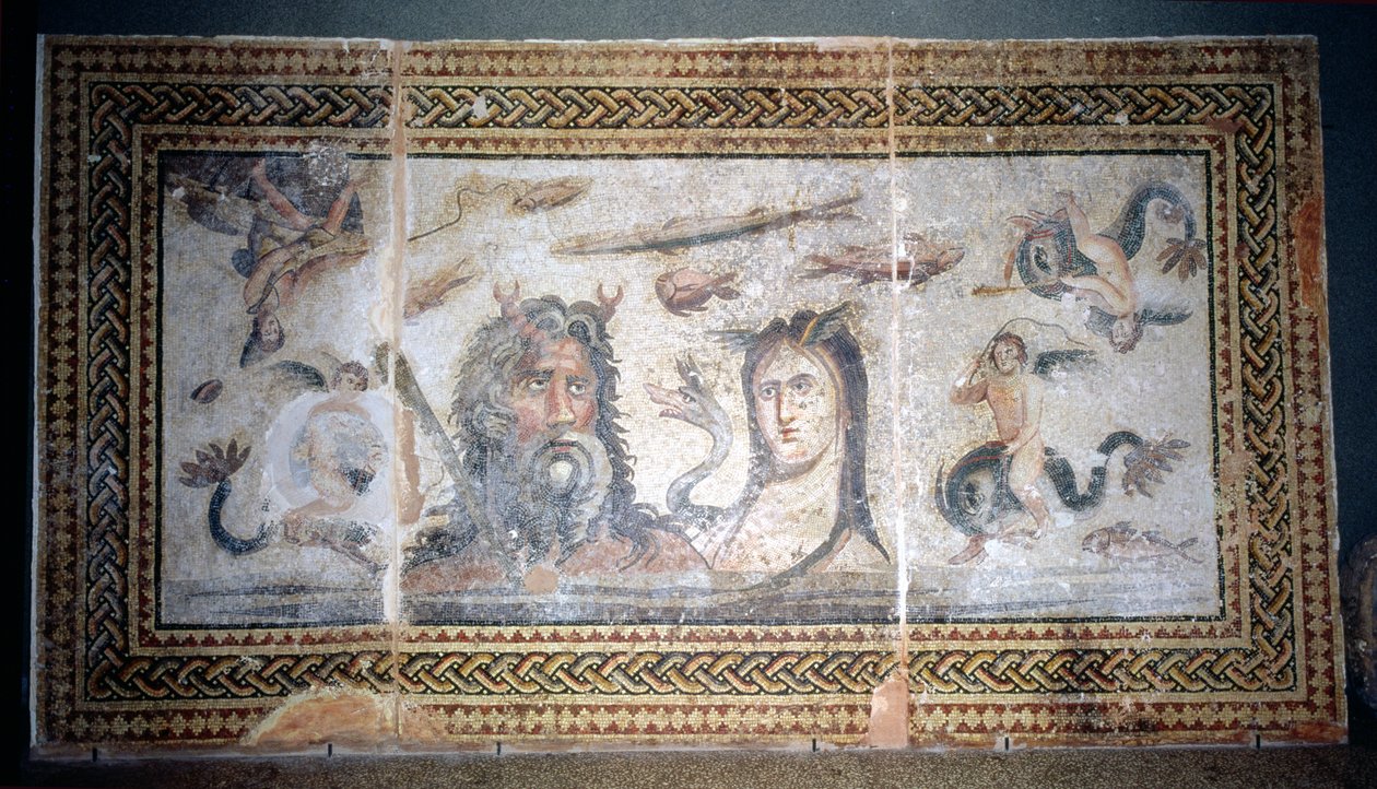 Vloer met Oceanus en Tethys te midden van zeedieren, uit Belkis (nu Zeugma) Turkije door Roman