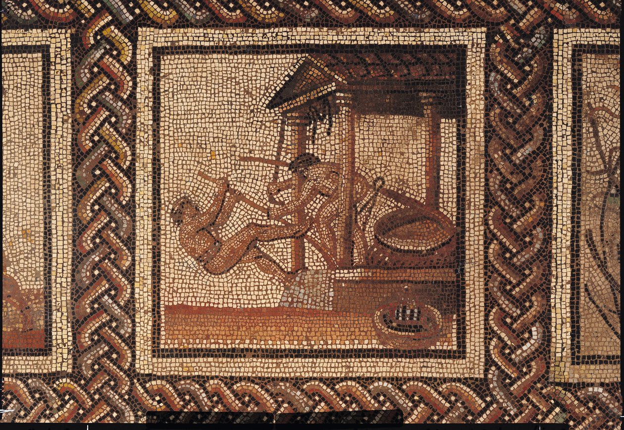Olijfpersen (mozaïek), oorspronkelijk uit Saint-Romain-en-Gal door Roman