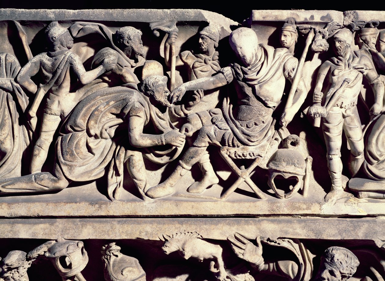 Reliëf van een sarcofaag die de onderwerping van een barbaar aan een Romeinse generaal toont door Roman
