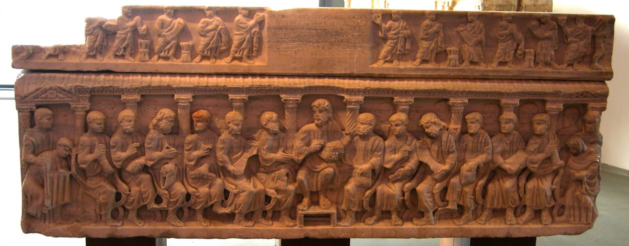Sarcophagus van bisschop Concordius, Christus en de apostelen, 380-90 AD door Roman