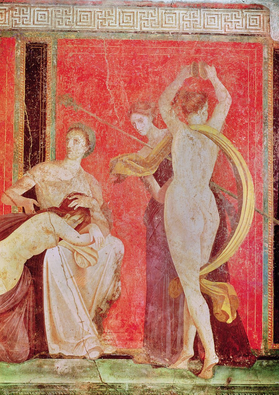 Gescourgeerde vrouw en danseres met cimbalen, zuidmuur, Oecus 5, 60-50 v.Chr. door Roman