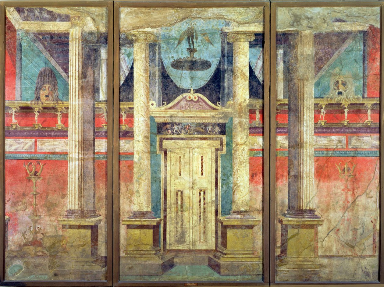 Muurdecoratie uit de villa van P. Fannius in Boscoreale, nabij Pompeii, afgeleid van een Grieks toneeldecor van misschien een eeuw eerder, c.40-30 v.Chr. door Roman