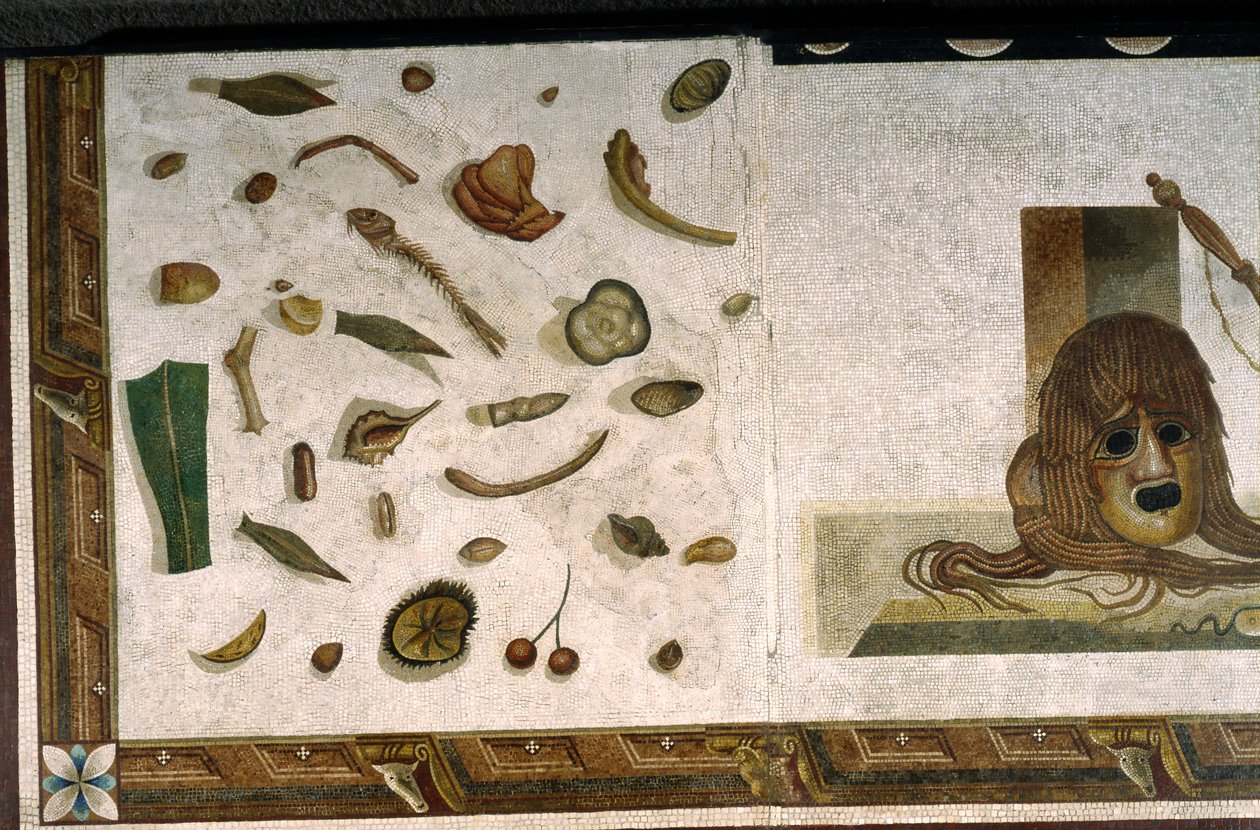 “Asarotos” (Ongeveegde vloer) Fragmenten van mozaïek gesigneerd door Harakliton uit Rome, 2e eeuw na Christus, Rome door Roman