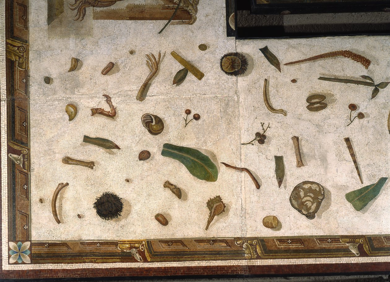 “Asarotos” (Ongeveegde vloer) Fragmenten van mozaïek gesigneerd door Harakliton uit Rome, 2e eeuw na Christus, Rome door Roman