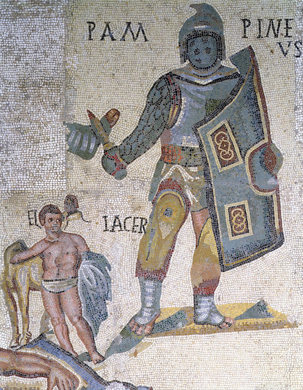 Strijd tussen Gladiatoren, detail van een gladiator met een dolk en een schild, 320 AD door Roman