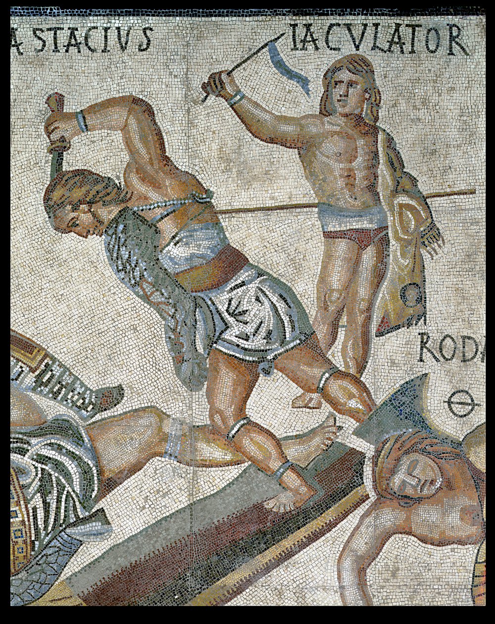 Strijd tussen Gladiatoren, detail van een vechtende gladiator en een zegevierende gladiator, 320 AD door Roman