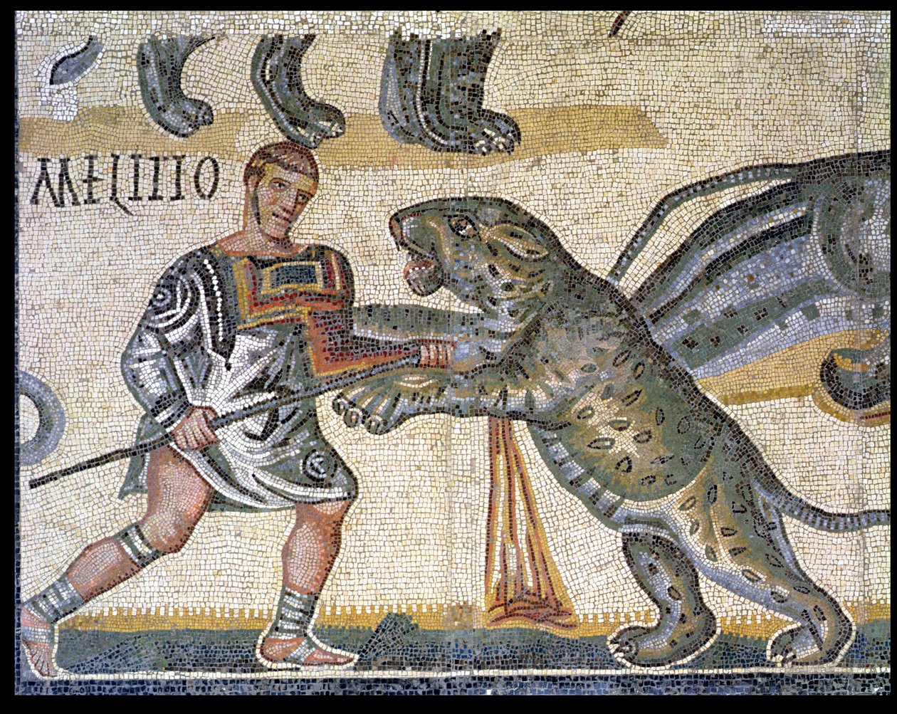 Slag van gladiatoren tegen de wilde katten, detail (320 AD) door Roman