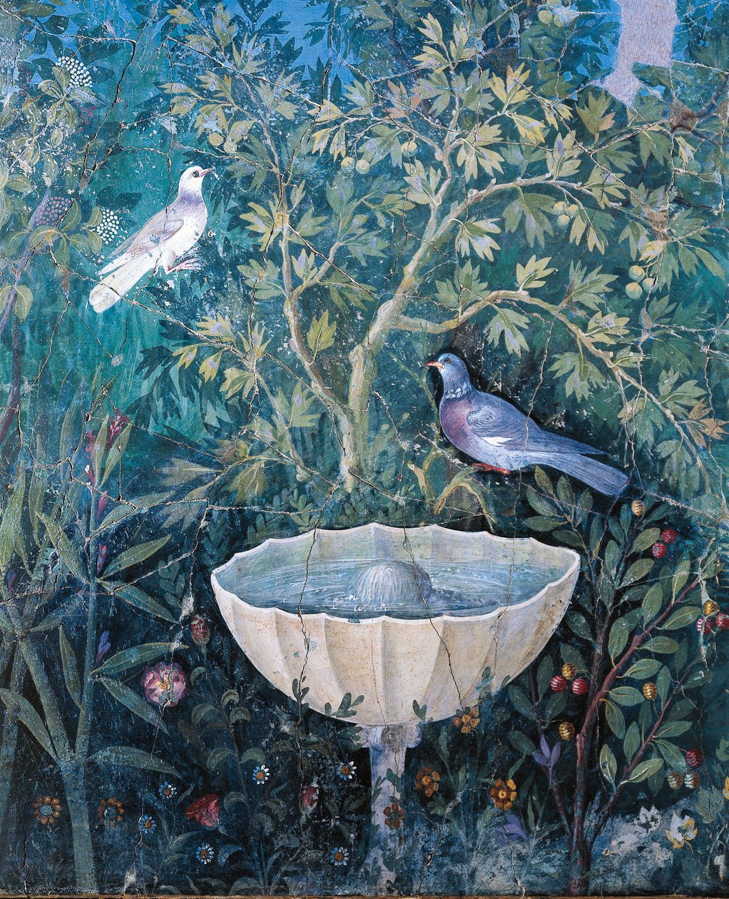 Detail van fontein en vogels uit een tuin schilderij, Huis van de Gouden Armband, Pompeii door Roman