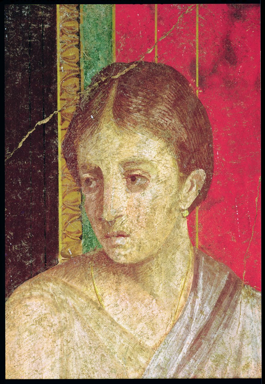Detail van het hoofd van de zittende moeder, uit de Catechismescène, Noordmuur, Oecus 5, 60-50 v.Chr. (fresco) door Roman
