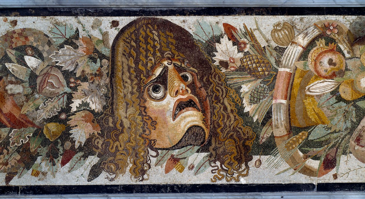 Feston met masker, bladeren en fruit (detail). Mozaïek uit Casa del Fauno in Pompeii, 2e eeuw v.Chr. Museo Nazionale Archeologico, Napels door Roman