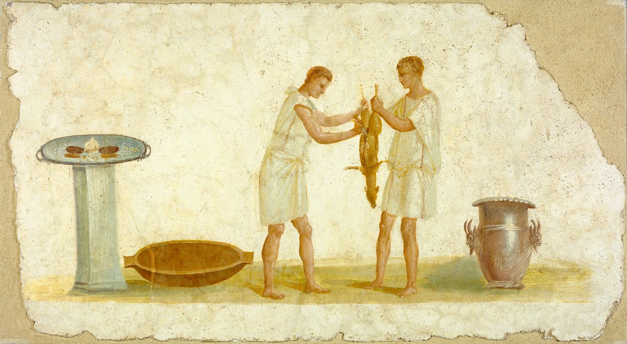 Fragment van een fresco paneel met een maaltijdvoorbereiding, c.100-150 door Roman