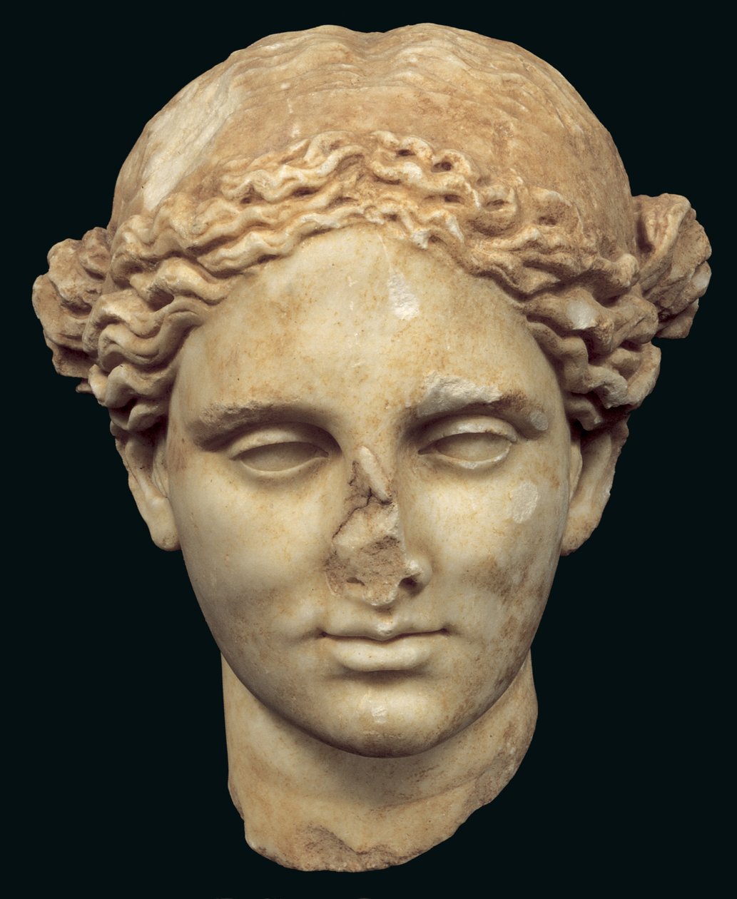 Hoofd van Apollo Sauroktonos (de hagedissenmoordenaar) kopie van een 4e-eeuwse Griekse bronzen beeld door Praxiteles, gevonden in Kifissia door Roman