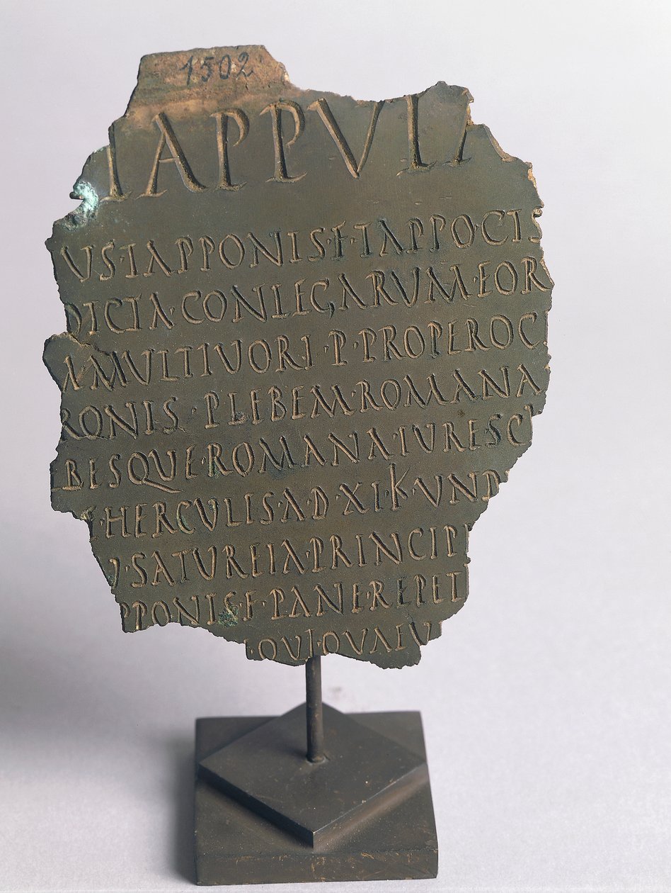 Lex Tappula, fragment van satirische wet opgesteld door gezelligheidskring uit Vercelli, parodie geschreven in dezelfde vorm als Romeinse plebiscietwetten, onderdeel van leges conviviales overgeleverd door Festo, brons, Romeinse beschaving door Roman