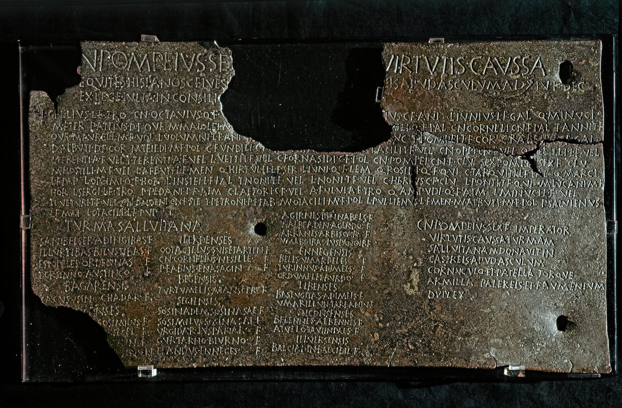 ROMEINSE KUNST: Decreet van Pompeius Strabone Gneo, 98-90 v.Chr. door Roman