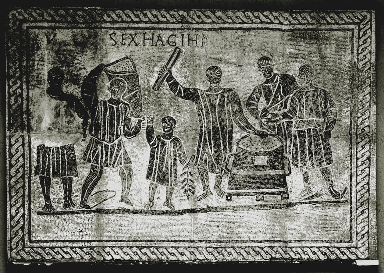 ROMEINSE KUNST: Het meten van het graan (maïs). Het graan dat Gaius Gracchus ..., 2de eeuw n.Chr. (mozaïek) door Roman