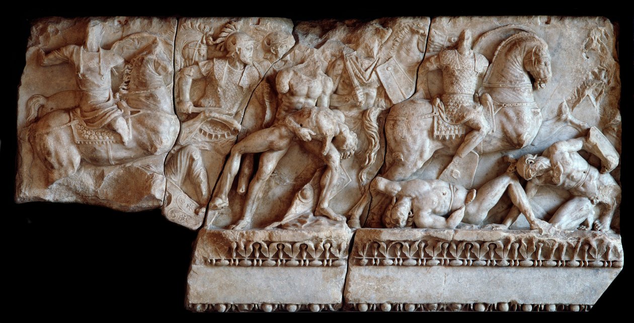 Romeinse kunst: fragment van marmeren sarcofaag met een gevechtsscène tussen Galliërs en Romeinen, 20 n.Chr. Dim. 87x173 cm Mantua, Palazzo Ducale, Coll door Roman