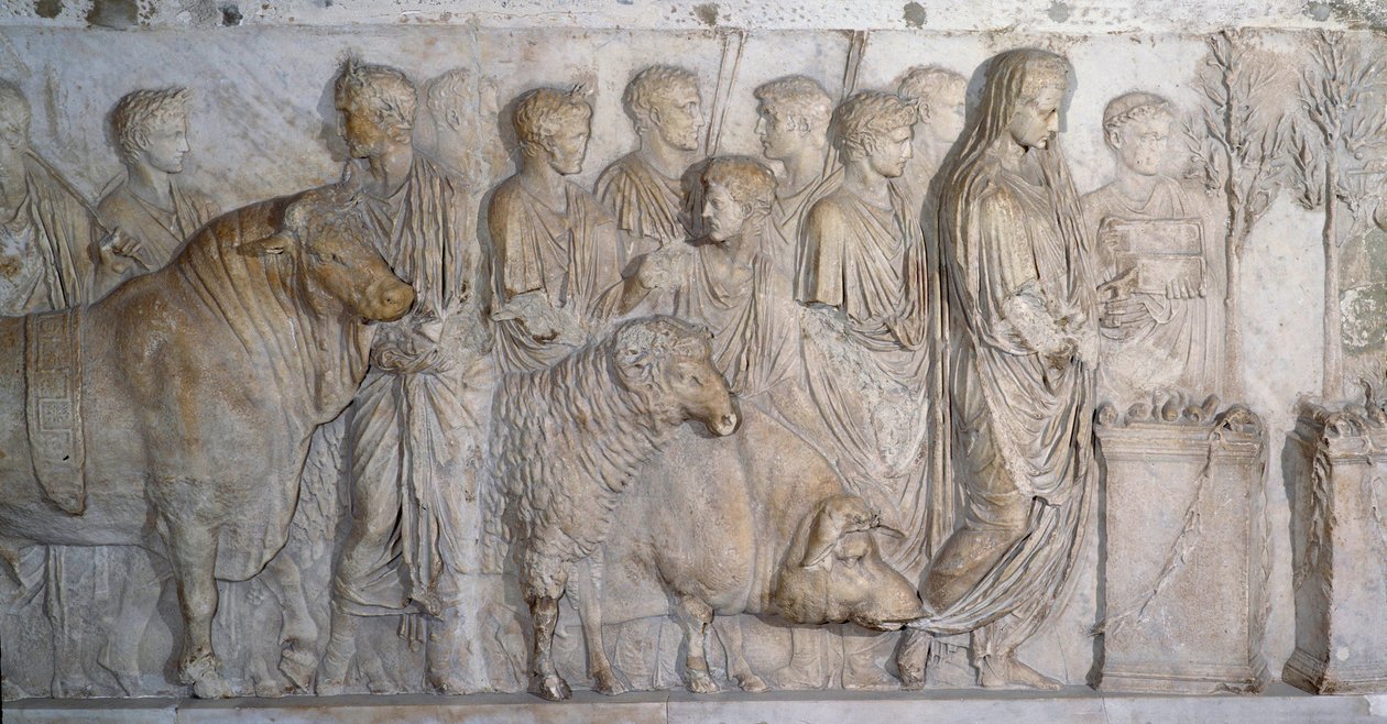 Romeinse oude kunst: offer aan God Mars: suovetaurilia rond 15-16 AD. Marmeren sculptuur, Boven-Romeinse Rijk (27 v.Chr.-235 n.Chr.), van de site van Champ-de-Mars (in Rome). Parijs, Musee Du Louvre door Roman