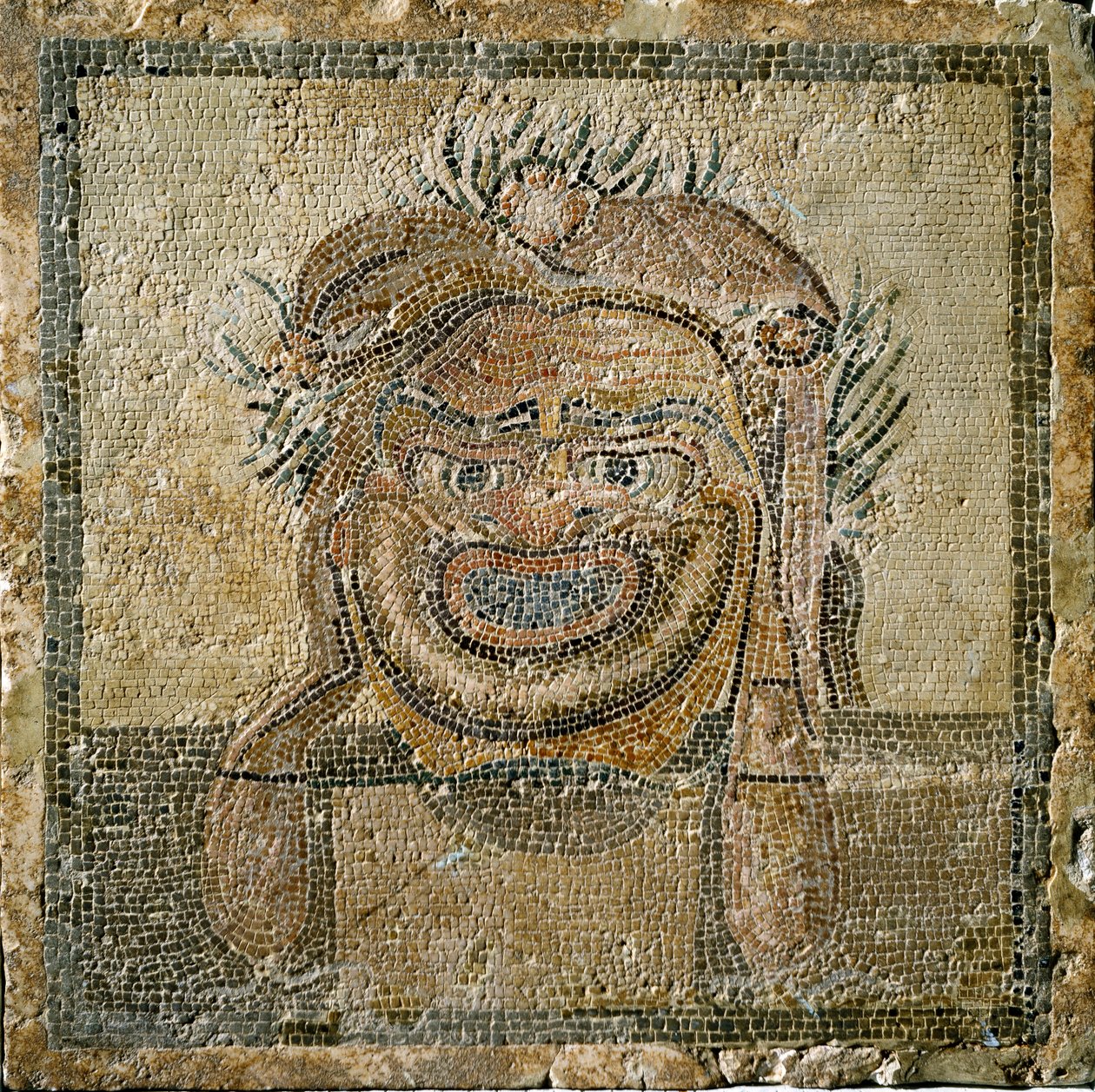 Romeinse kunst: Romeins theatermasker. Mozaïek uit Ampurias (2e eeuw n.Chr.). Spanje, Museo di Ampurias door Roman