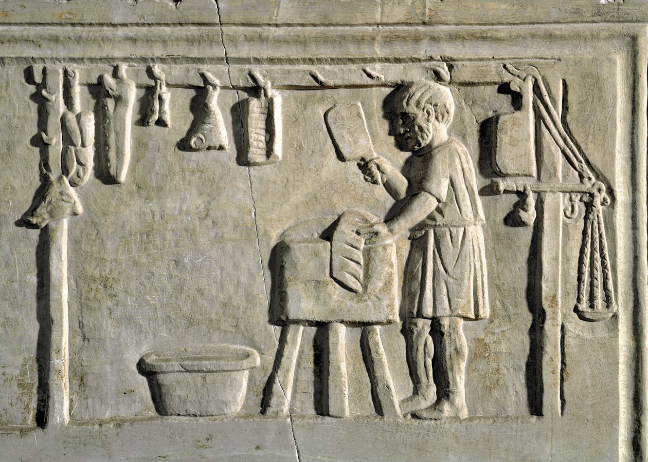 Romeinse kunst: een slager in zijn winkel Bas-reliëf, Romeinse beschaving, 2e eeuw n.Chr., Rome, Museum van de Romeinse Beschaving - Slager aan het werk in zijn winkel - Steenreliëf, 2e eeuw n.Chr. - Rome, Museum van de Romeinse Beschaving door Roman