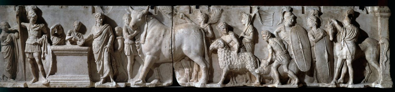 Romeinse kunst: altaar van Domitius Ahenobarbus. 100 v.Chr. Scène van offer aan de god Mars door Roman