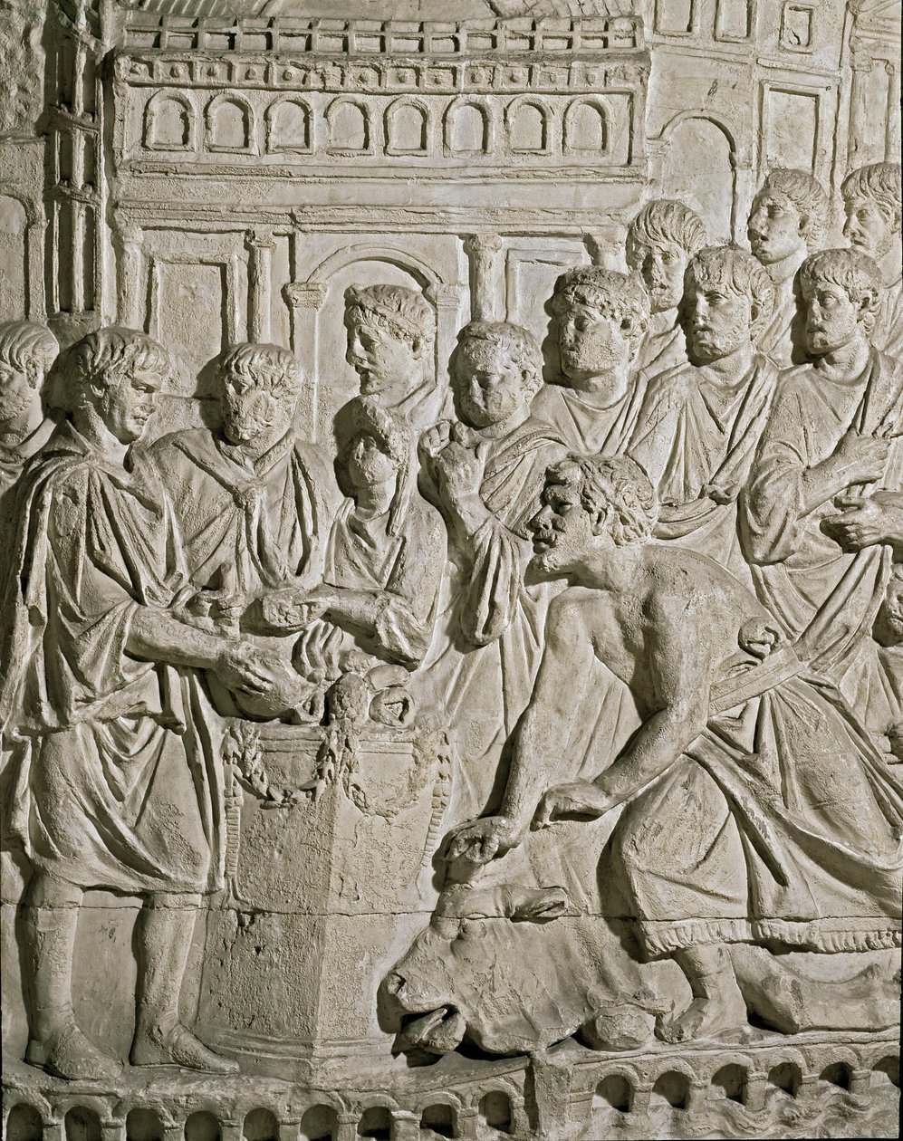 Romeinse kunst: laag reliëf dat Sarmatische burgers toont die eerbetoon brengen aan de Romeinen. Van de reliëfs van de zuil van Marcus Aurelius. 2e eeuw n.Chr. Rome, Museo della Civiltà Romana door Roman
