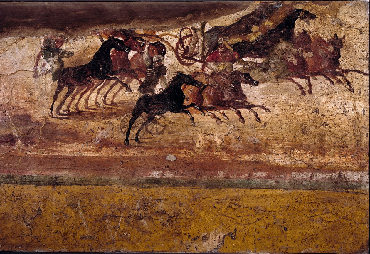 Romeinse kunst: race van quadrigae. Fresco uit de villa van de quadrigae. 4e stijl, Pompeii. Napels, Museo Archeologico Nazionale door Roman