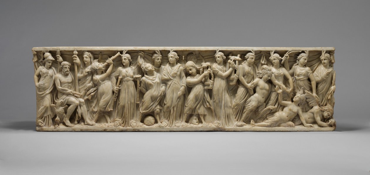 Sarcophagus met de Wedstrijd tussen de Muzen en de Sirenen, laat 3e eeuw door Roman