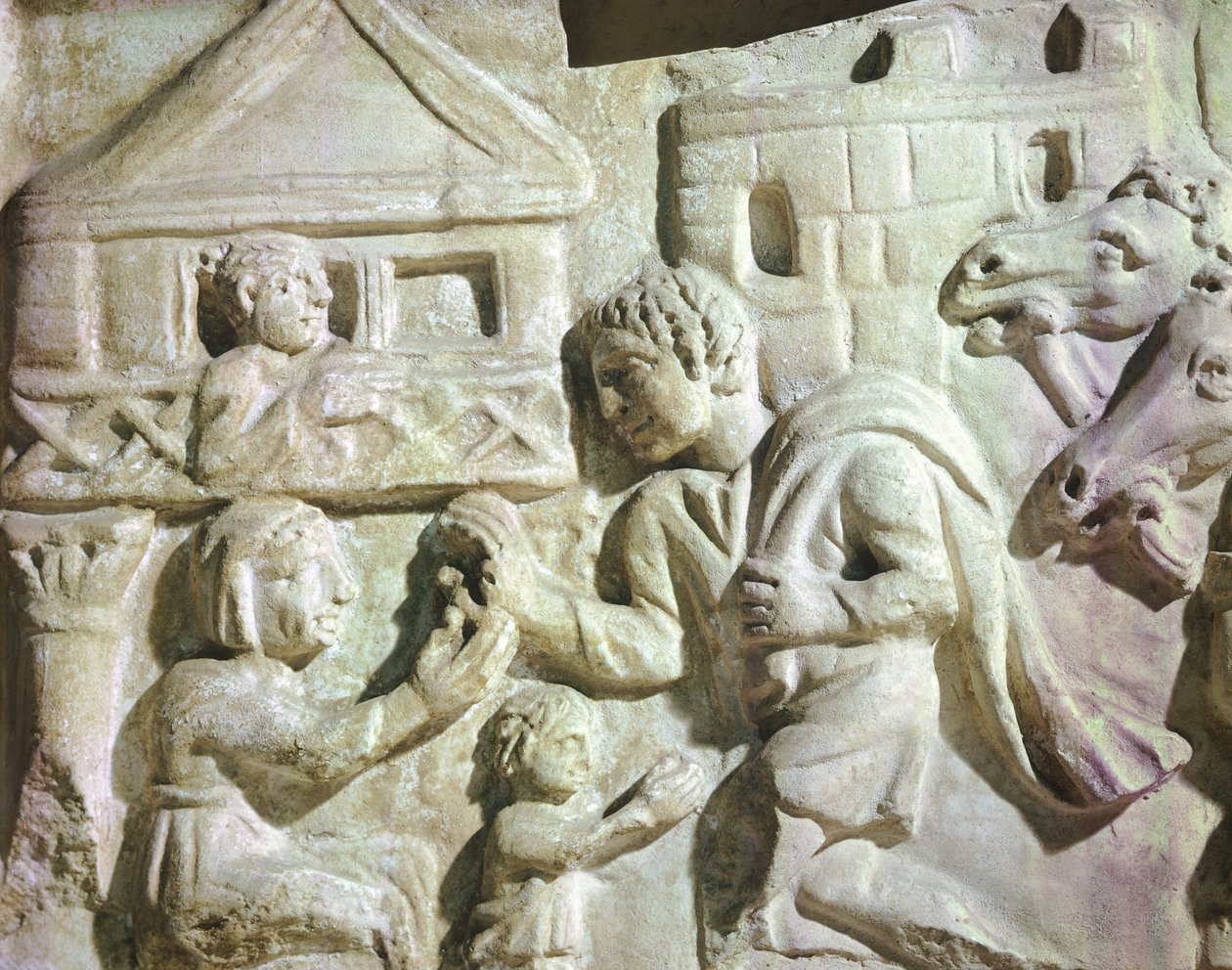 Scène van hertenjacht met netten, romeinse Scarcofaag, 4e eeuw (reliëf) door Roman