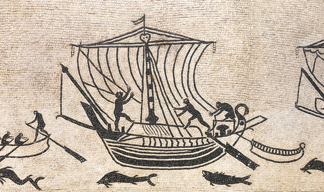 Schip dat een haven nadert, detail van een mozaïek, 2e eeuw na Christus door Roman