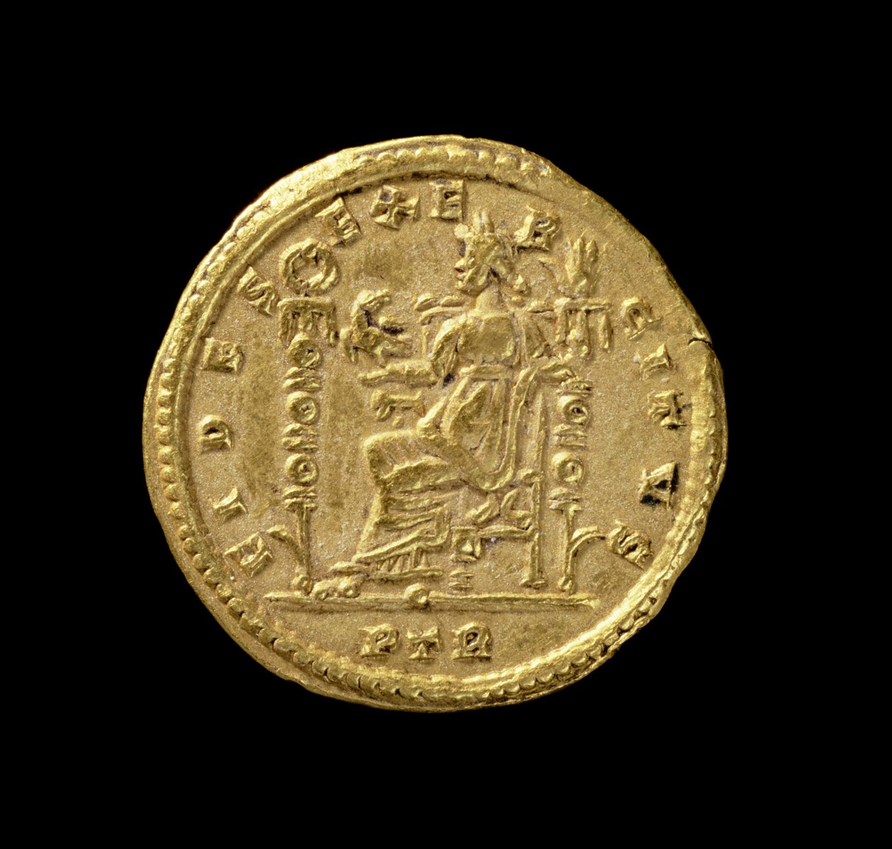Solidus (achterzijde) van Constantijn I, de Grote, met Fides zittend links op de troon. Opschrift: FIDES EXERCITVS door Roman