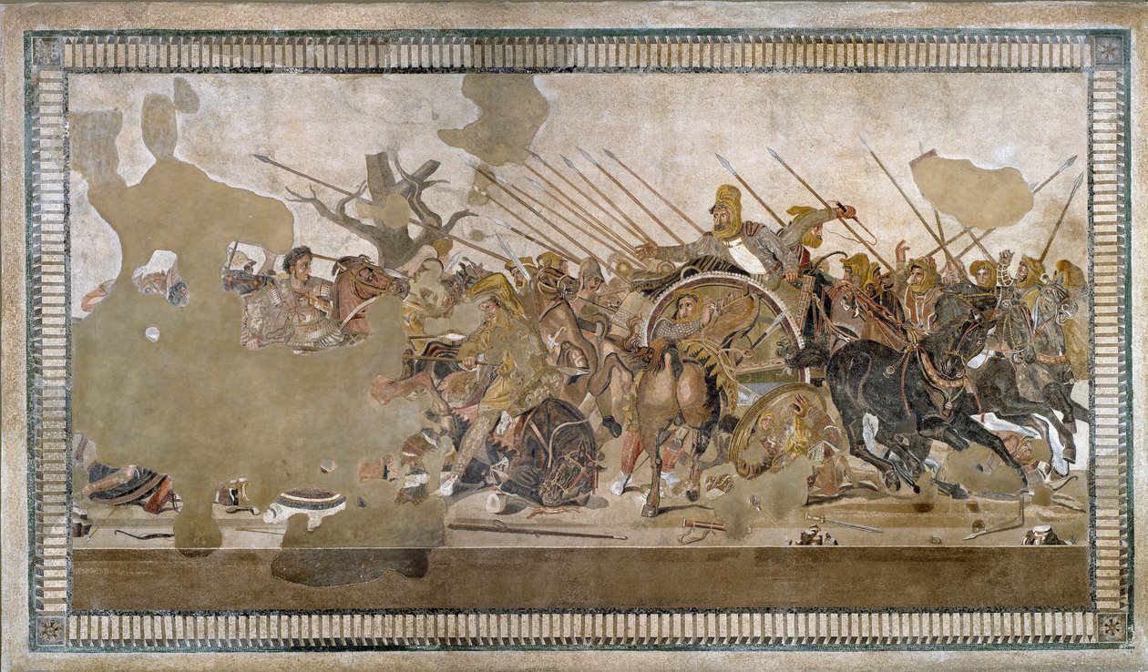 De Slag bij Issos gewonnen door Alexander III de Grote tegen Darius III Codoman (335 - 331 v.Chr.) - Mozaïek van Pompeii door Roman