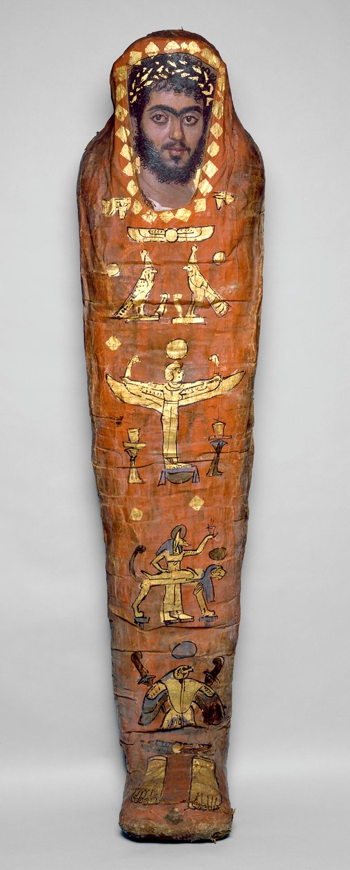 Mummie van een jonge man, met encaustisch portret, uit El-Hibeh (in linnen gewikkelde menselijke resten met beschilderd houten paneel) door Roman Period Egyptian
