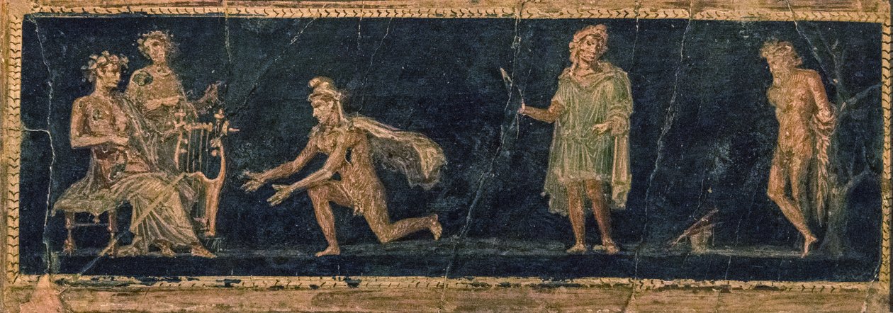 De muzikale wedstrijd tussen Apollo en Marsyas, 1e helft 1e eeuw na Christus door Roman Pompeian wall painting.
