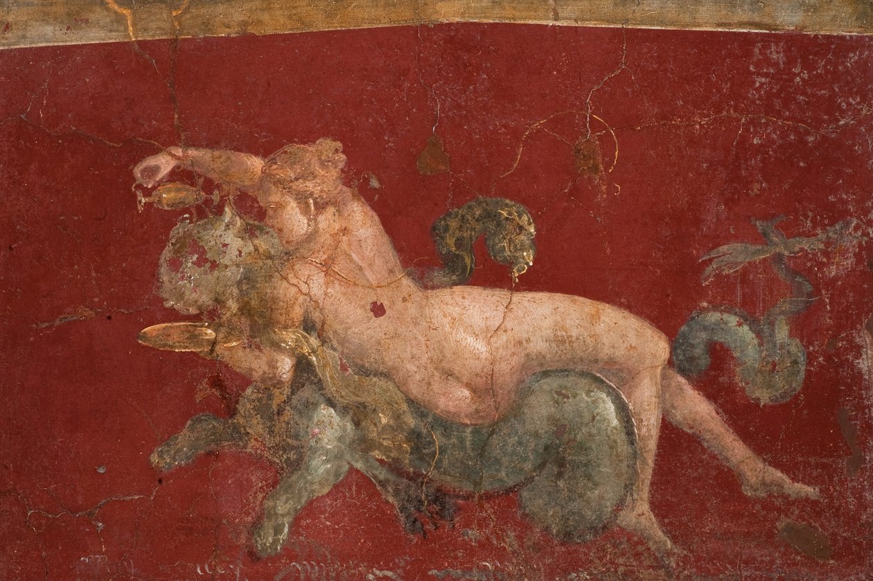 De nereïde op een zeemonster zeepanter, 1e helft 1e eeuw na Christus door Roman Pompeian wall painting.