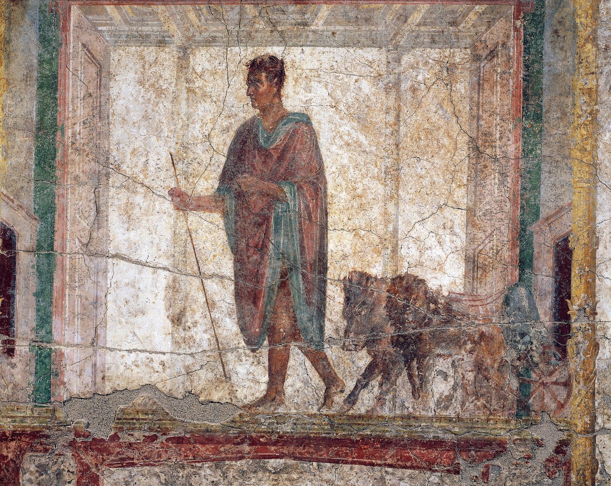Oude Romeinse fresco met boar en leeuw ingespannen voor een wagen door Roman Roman