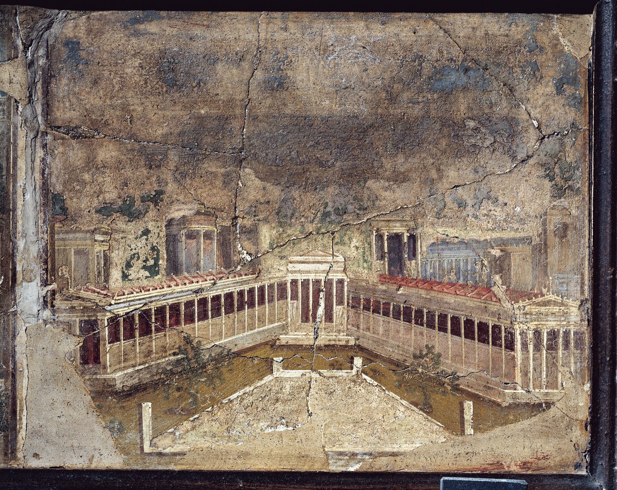 Oude Romeinse fresco met architectonische thema