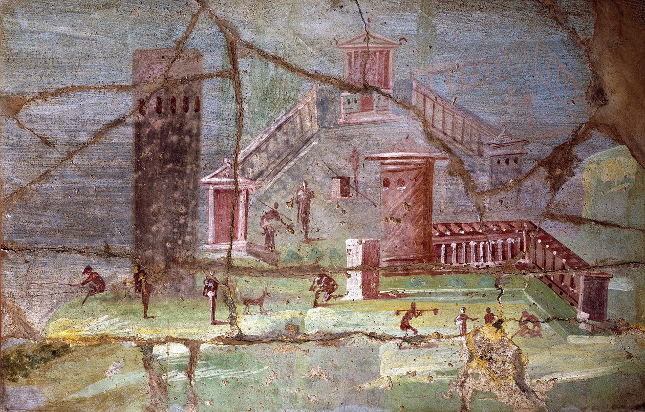 Oude Romeinse fresco met landschap uit Pompeii door Roman Roman