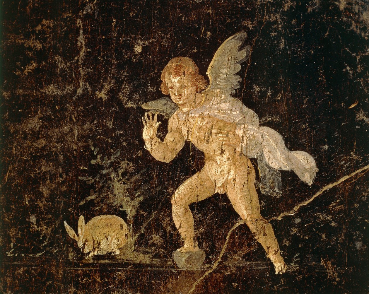 Fresco die Cupido toont die een haas jaagt uit Pompeii, provincie Napels, Italië, Romeinse beschaving door Roman Roman