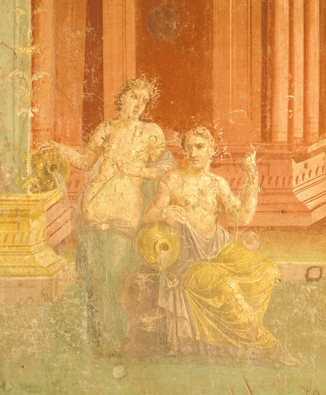 Fresco in Vierde Pompeiaanse Stijl op rode achtergrond, Huis van Pinario Ceriale, Pompeii, Campania, Romeinse Beschaving door Roman Roman