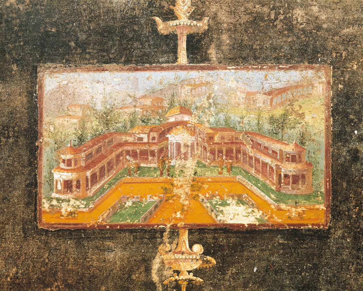 Landschap en architectuur in muurschildering in tablinum, Huis van Marcus Lucretius Fronto, Pompeii, Campania, Romeinse Beschaving door Roman Roman