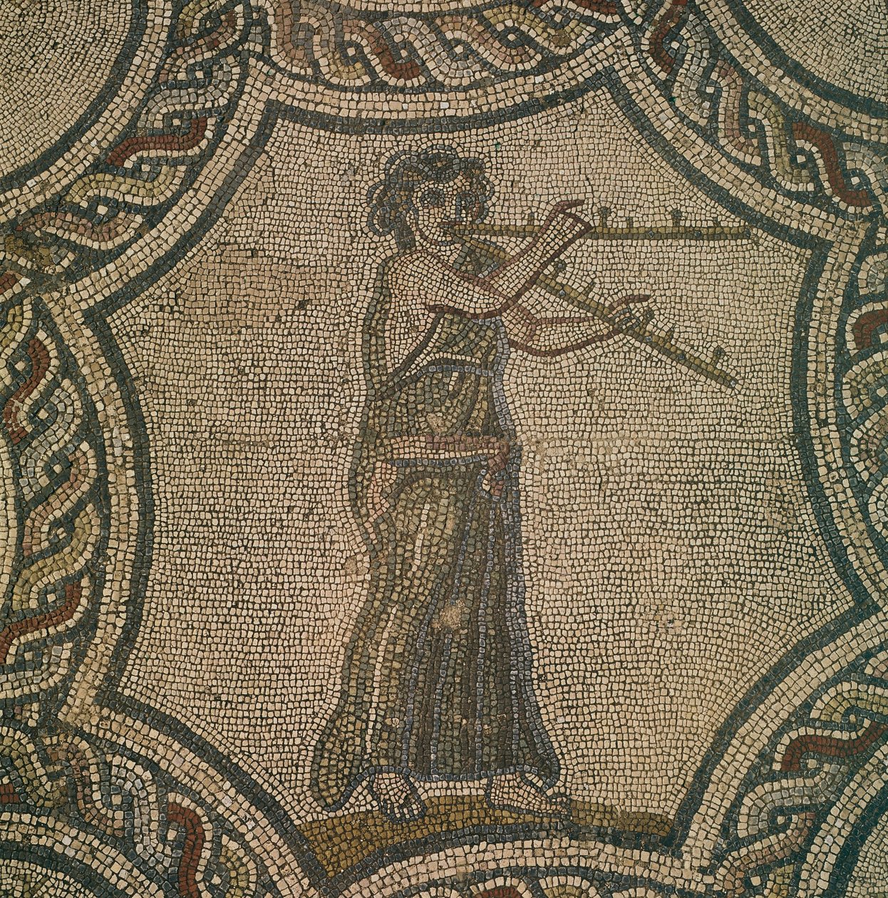 Mozaïek van vrouwelijke fluitiste uit Huis van Dionysus, Volubilis, Marokko, Romeinse beschaving door Roman Roman