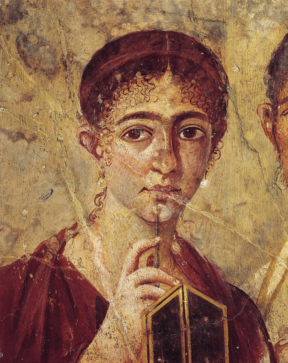 Portret van bakker Terentius Neo en zijn vrouw in formele kleding, detail van de vrouw met haar stylus en diptych open uit Italië, Campania, Pompeii, 55-79 n.Chr., schilderij op pleister door Roman Roman