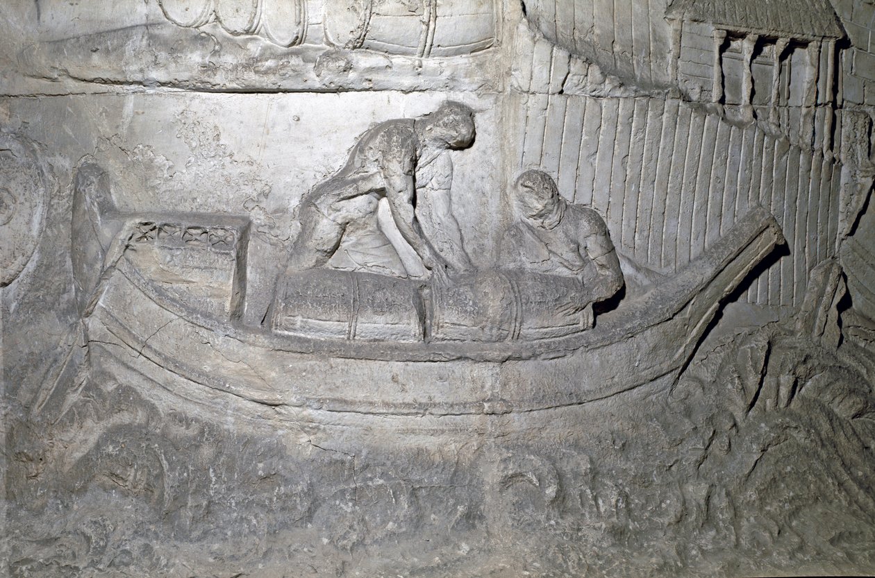 Romeinse kunst: boot laadt voorraden op de Donau tijdens de Eerste Dacische Oorlog. Gietvorm uit 1862 die de bas-reliëfs van de zuil van Trajanus (Colonna Traiana) in Rome reproduceert, gebouwd tijdens het bewind van keizer Trajanus (53-117) door Roman Roman