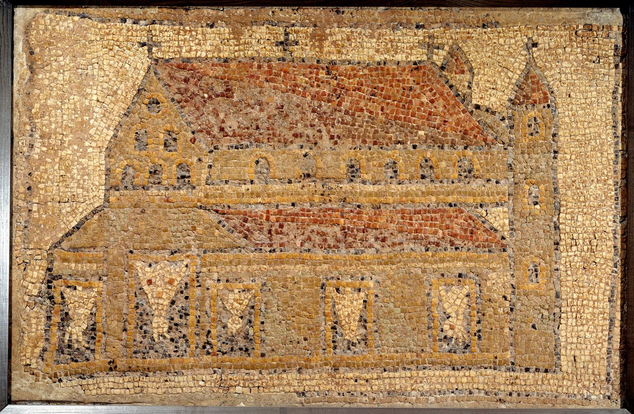 Romeinse kunst: mozaïek van een basiliek weergegeven in perspectief, 2e helft van de 5e eeuw, Nabije Oosten - Parijs, Musée du Louvre - Romeinse kunst: mozaïek van Qabr Hiram nabij Tyrus in Fenicië, uit een vroeg-Byzantijnse (vroege christelijke) kerk gewi door Roman Roman