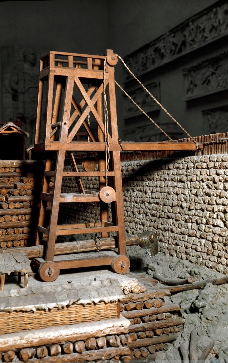 Romeins model dat het beleg van Avaricum (het huidige Bourges) door de Romeinse legioenen van Julius Caesar tegen het leger van Vercingetorix tijdens de Gallische Oorlog reproduceert. 52 v.Chr. Rome, Museo della Civilta Romana. door Roman Roman
